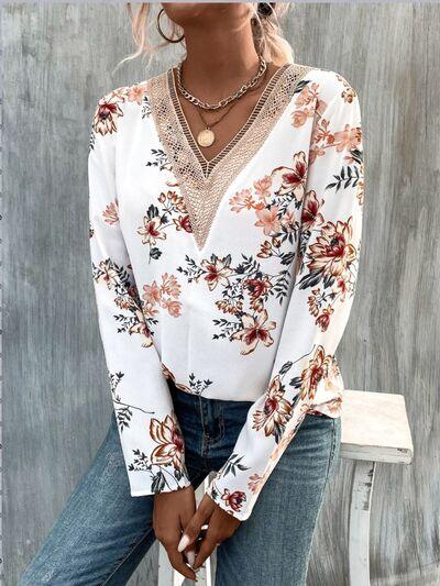 Printed V-Neck Long Sleeve Blouse