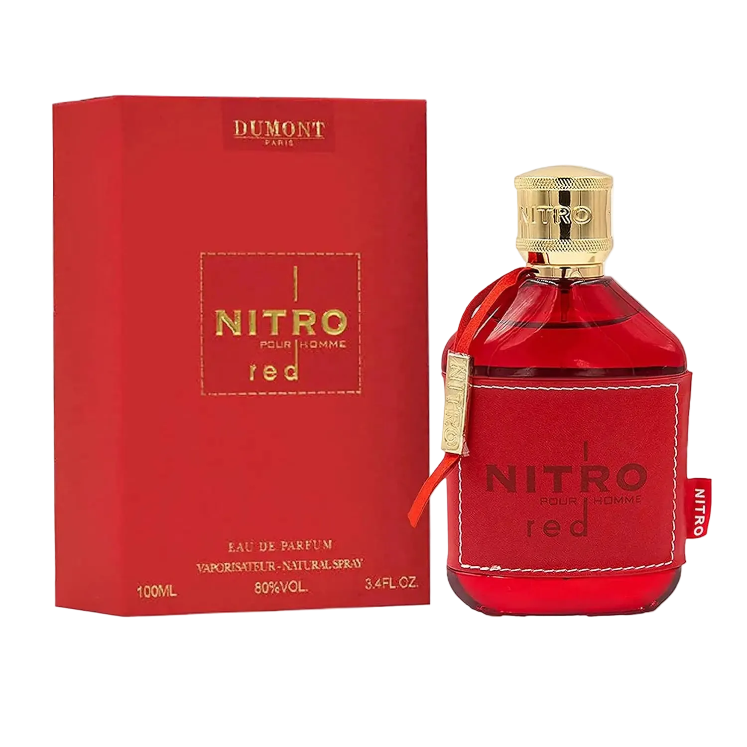 Red Nitro perfume bottle with gold cap and matching red box
