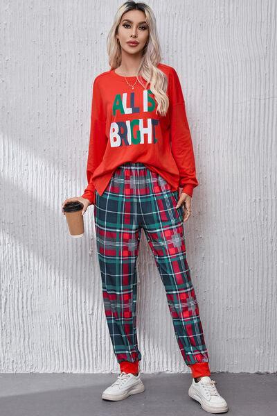 Round Neck Top and Plaid Pants Lounge Set