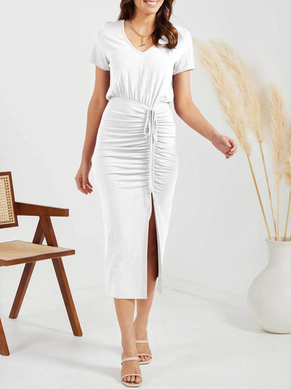 Ruched Slit V-Neck Short Sleeve Dress