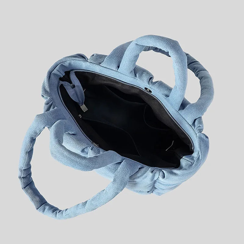 Padded Denim Puffer Shoulder Tote Bag