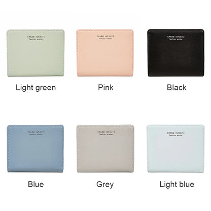 Set of six wallets in different colors with labels