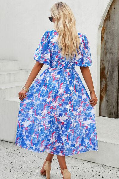 Smocked Printed V-Neck Short Sleeve Dress