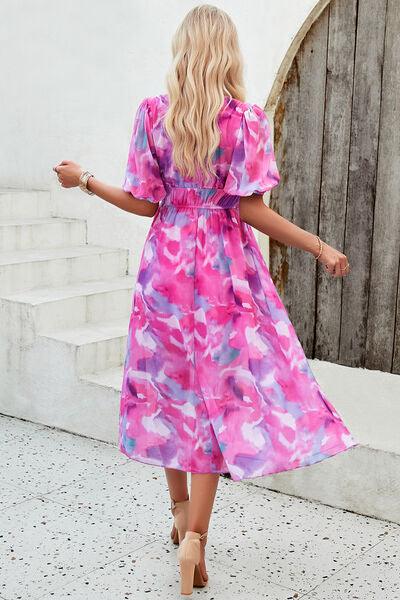 Smocked Printed V-Neck Short Sleeve Dress