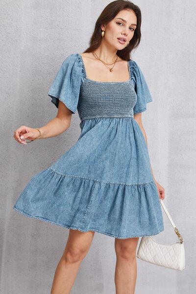 Smocked Square Neck Mini Denim Dress