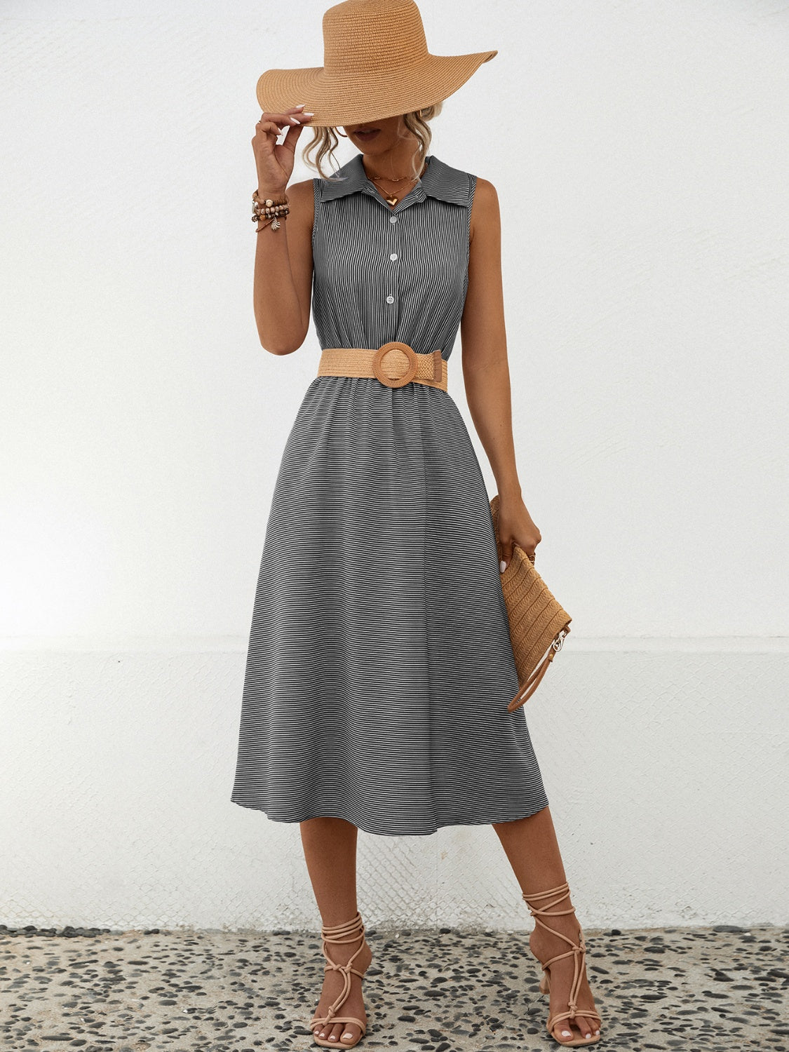 Striped Collared Neck Sleeveless Midi Dress