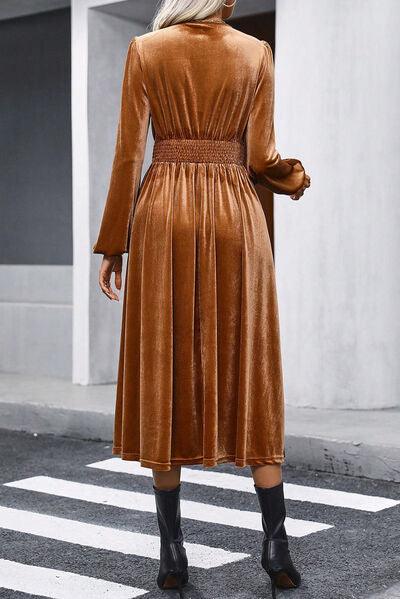 Surplice Balloon Sleeve Smocked Midi Dress