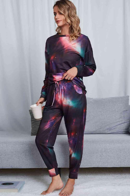Tie-Dye Crewneck Top and Drawstring Waist Joggers Lounge Set Carauana Store