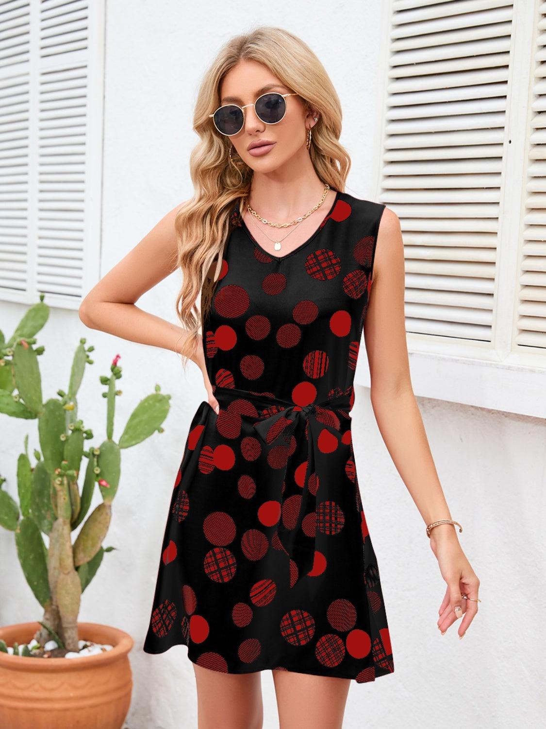 Tied Polka Dot V-Neck Dress