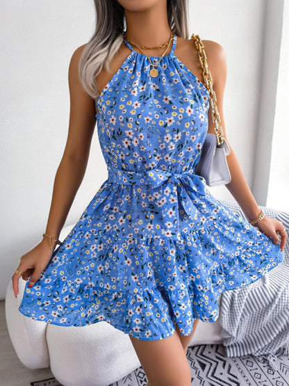 Tied Printed Grecian Neck Mini Dress