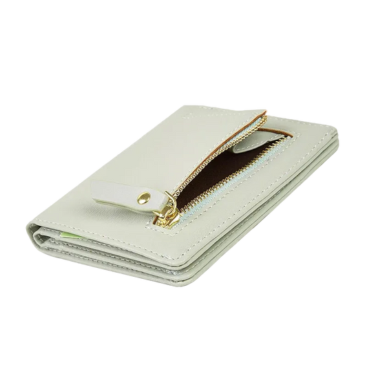 Light gray wallet with a gold zipper