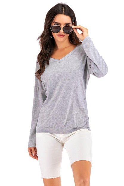 V-Neck Drop Shoulder Open Back Sweatshirt