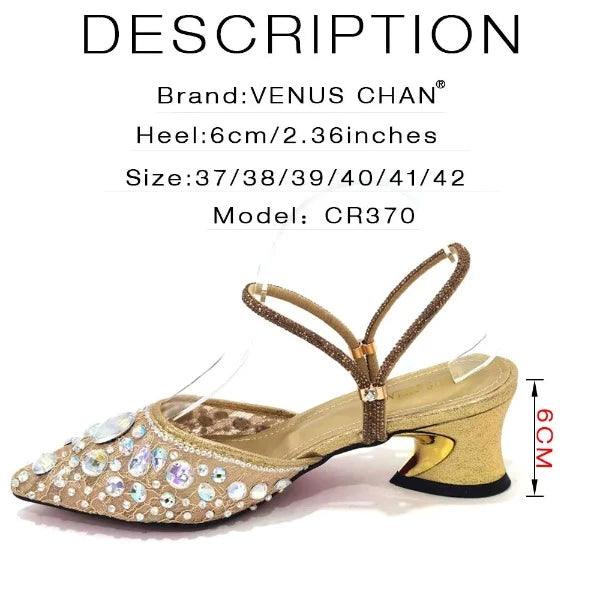 Venus Chan 2023 Fashion Rhinestone Heels Pointed-Toe Gold Colored Lace Tassel Design Elegant Luxury Shoes and Bag for Lady Party