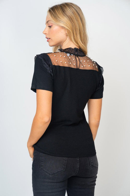 White Birch Mesh Pearl Detail Short Sleeve T-Shirt Carauana Store