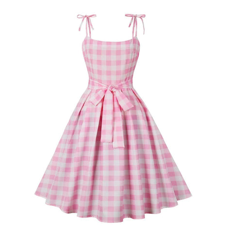 Women Vintage Barbiee Pink Plaid Dress