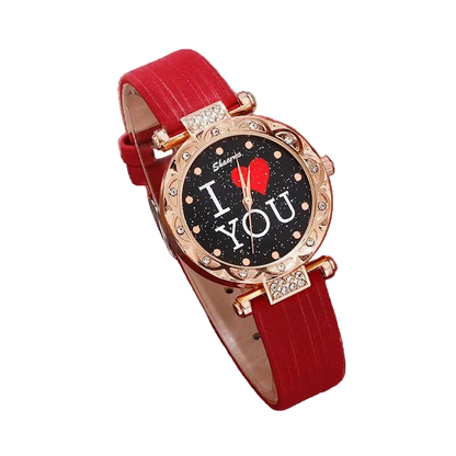 Wristwatch with red strap and 'I LOVE YOU' text