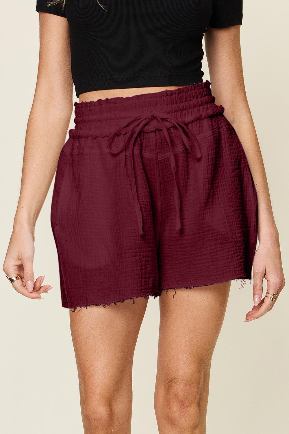 Double Take Full Size Texture Raw Trim Drawstring Shorts