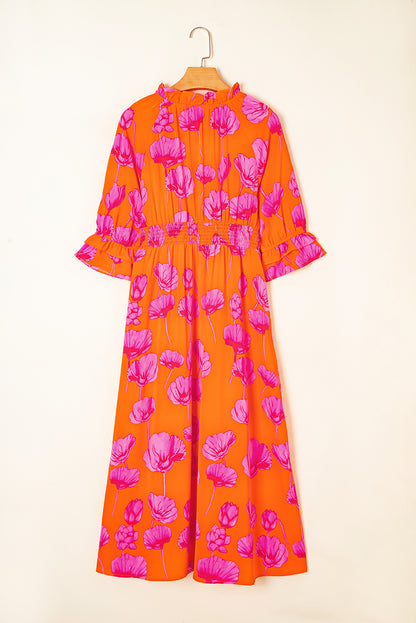 Orange Floral Print Frilly Smocked V Neck 3/4 Sleeve Long Dress