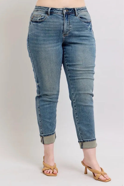 Judy Blue Full Size Mid Rise Vintage Wash Double Roll Cuff Boyfriend Jeans Plus Size Carauana Store