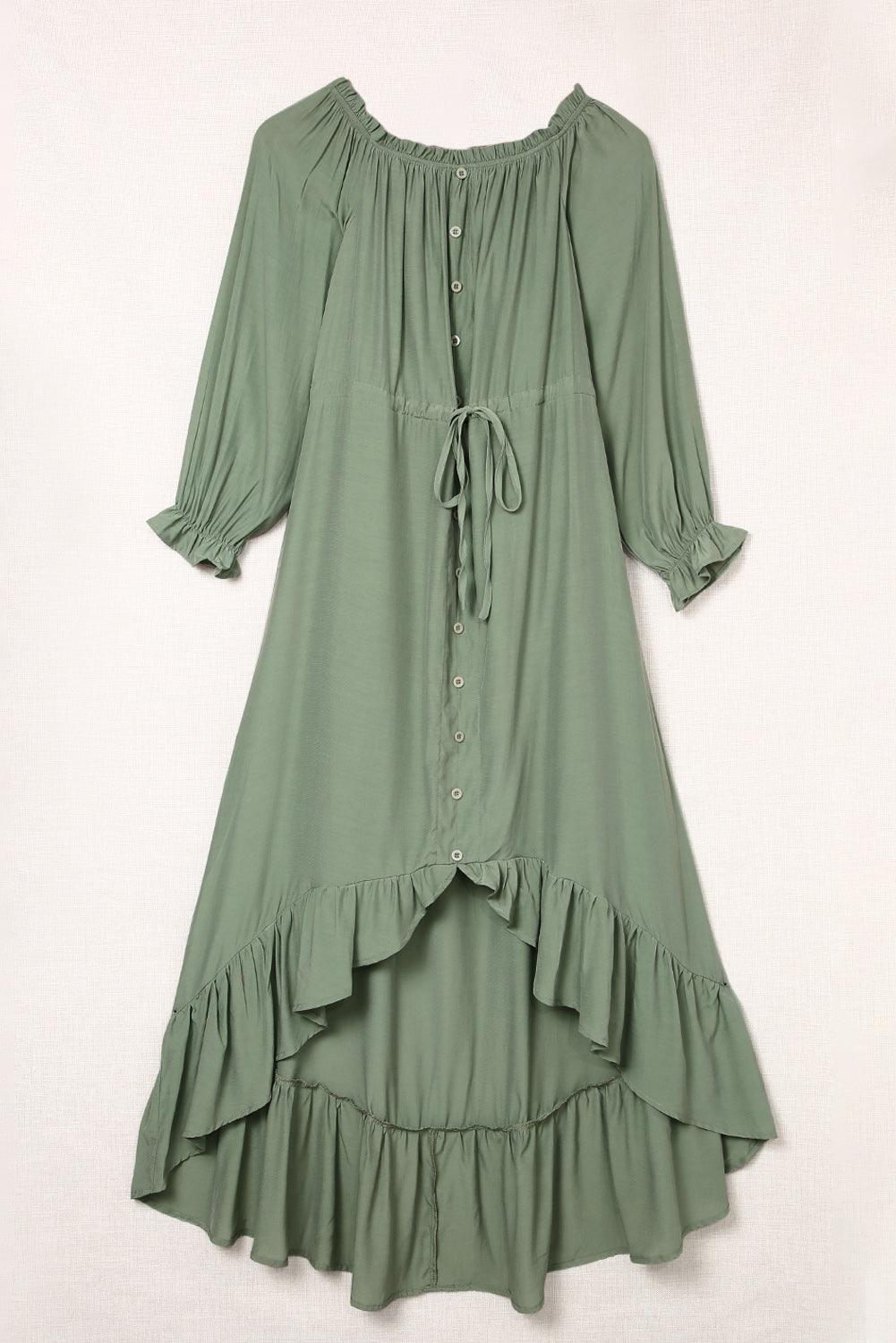 Drawstring Off-Shoulder Flounce Sleeve Dress