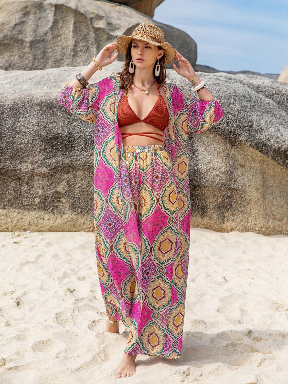 Printed Open Front Cardigan and Pants Set