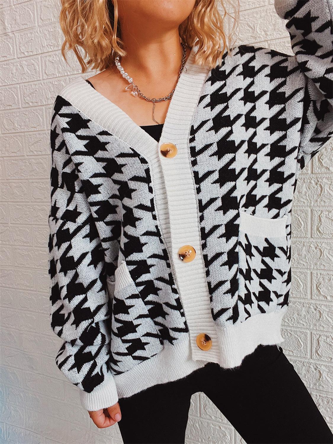 Houndstooth Botton Front Cardigan with Pockets