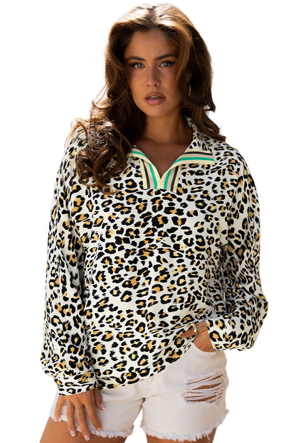 Khaki Leopard Print Contrast Striped V Neck Blouse