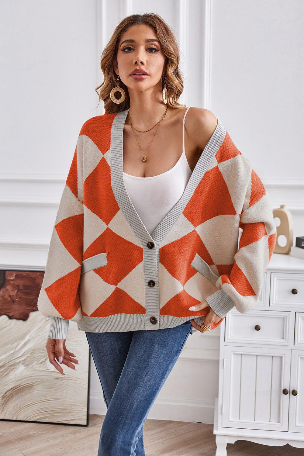 Geometric Lantern Sleeve Cardigan with Pockets