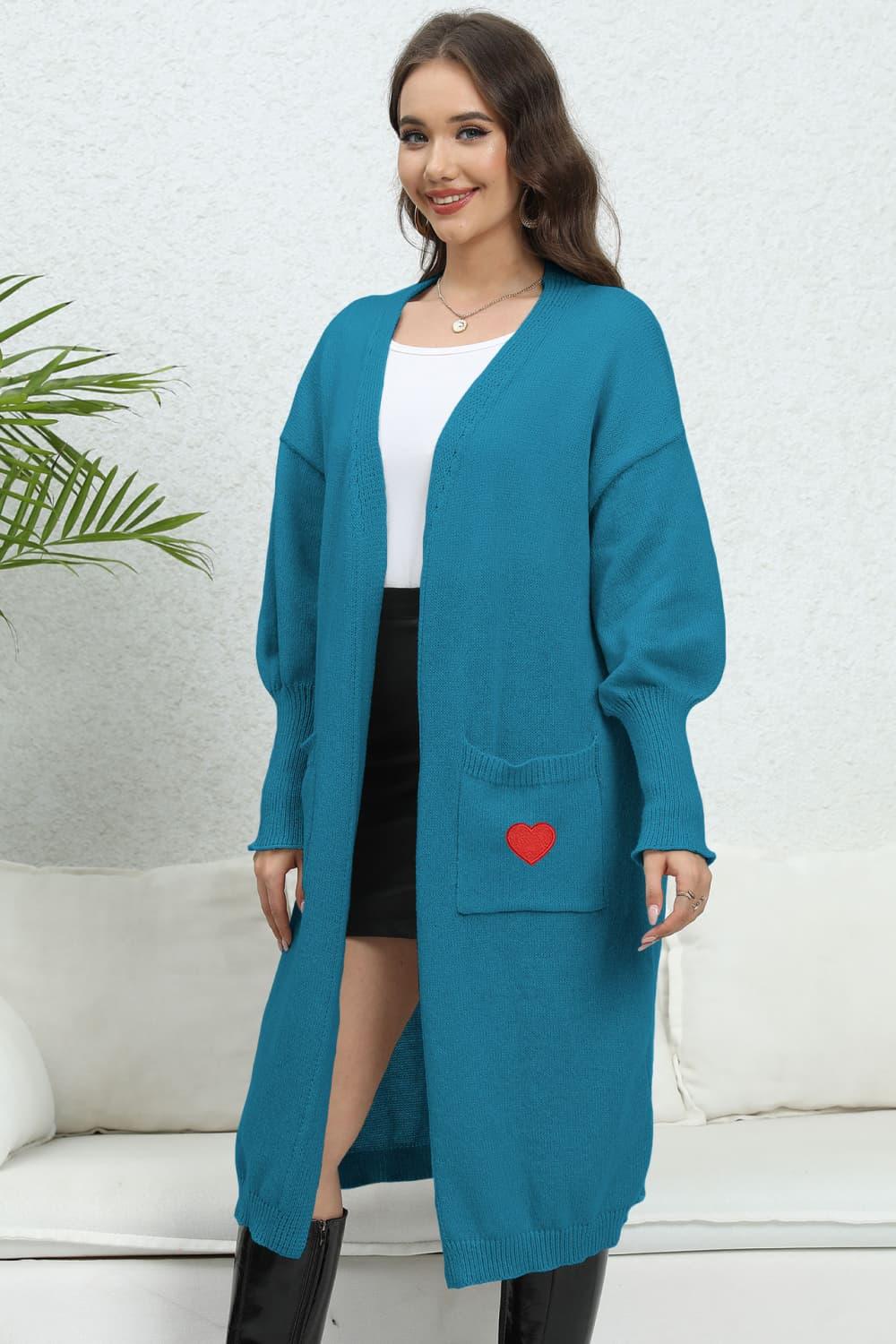 Lantern Sleeve Open Front Pocketed Cardigan