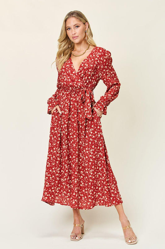 Double Take Full Size Tie Back Flounce Sleeve Dress