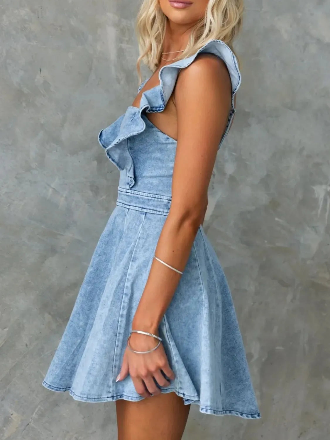 Ruffled Square Neck Denim Mini Dress Carauana Store
