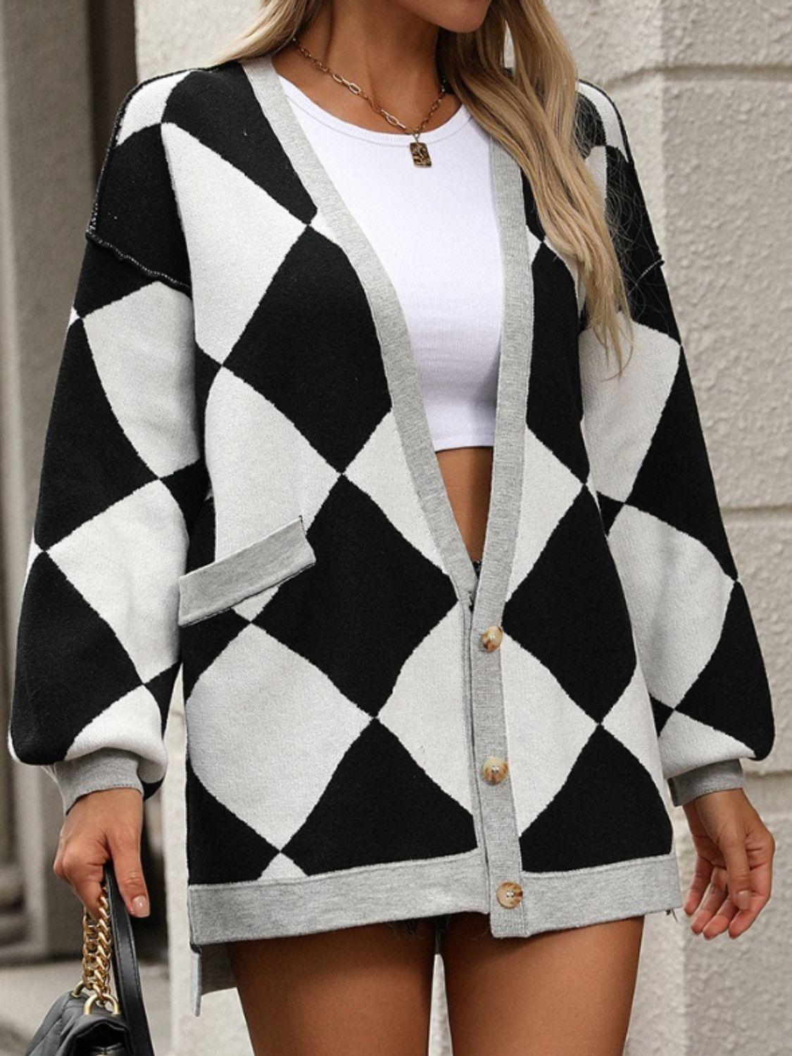 Checkered Dropped Shoulder Long Sleeve Cardigan