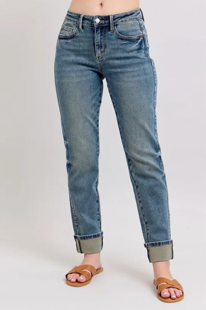 Judy Blue Full Size Mid Rise Vintage Wash Double Roll Cuff Boyfriend Jeans Plus Size Carauana Store