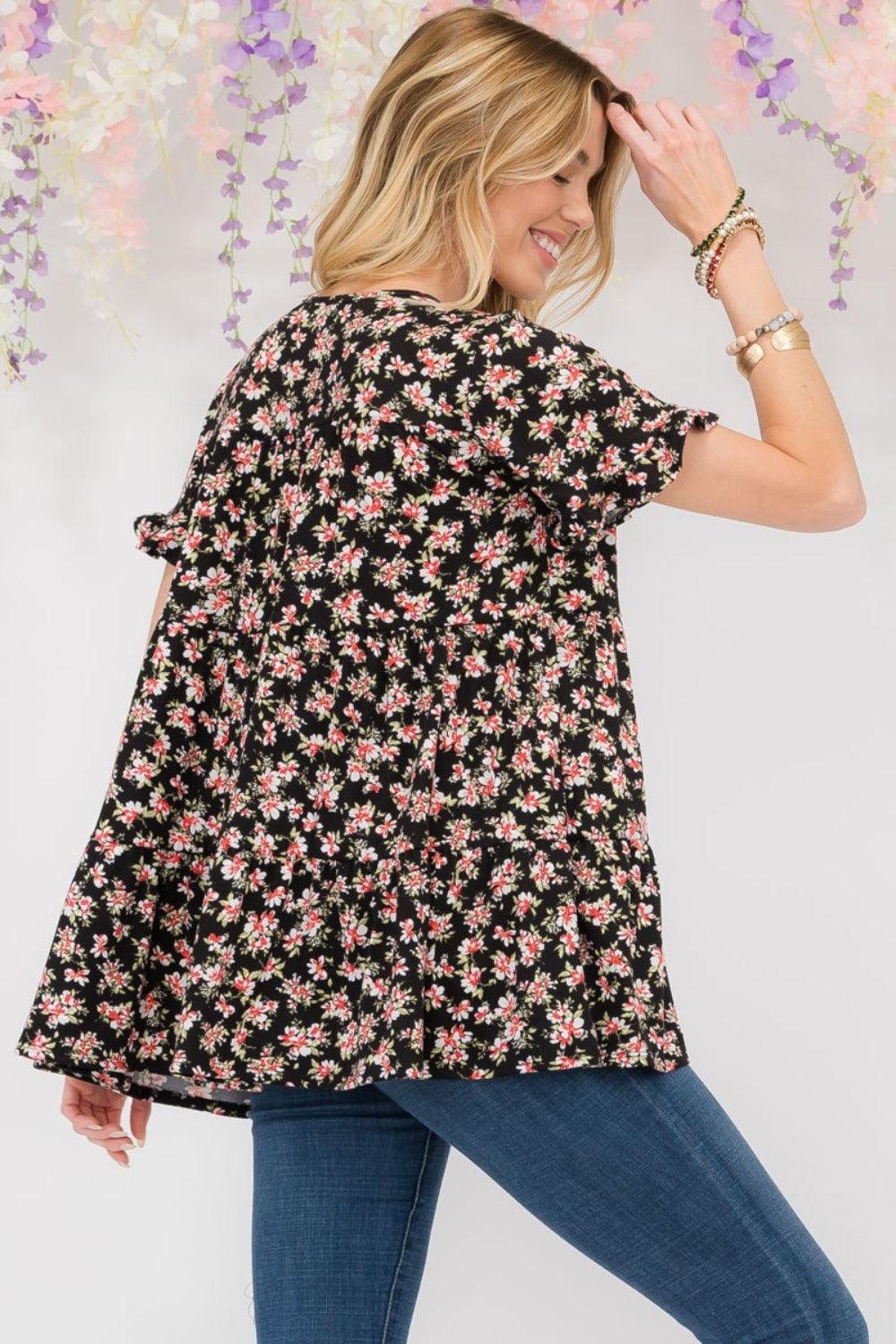 Celeste Full Size Floral Ruffled Short Sleeve Blouse