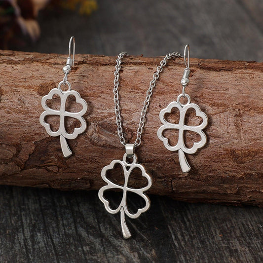 Lucky Clover Alloy Earrings and Necklace Jewelry Set