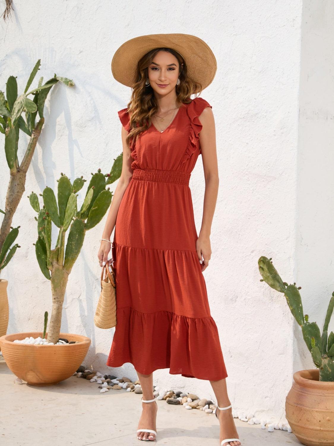 Tiered Ruffled V-Neck Cap Sleeve Dress