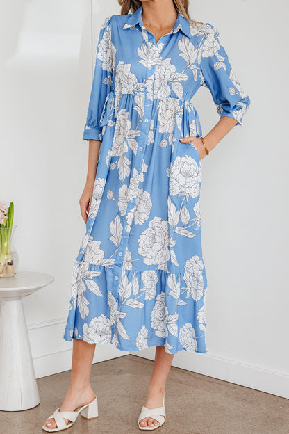 Sky Blue Floral Print Shirt Collar Button Down 3/4 Sleeve Ruffle Hem Long Dress