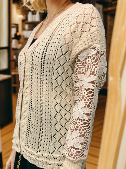 Eyelet Button Up Lantern Sleeve Cardigan