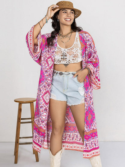 Plus Size Printed Open Front Longline Cardigan