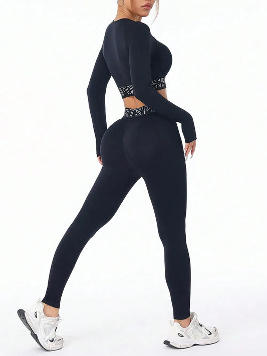 Letter Print Round Neck Long Sleeve Top and Leggings Active Set Carauana Store