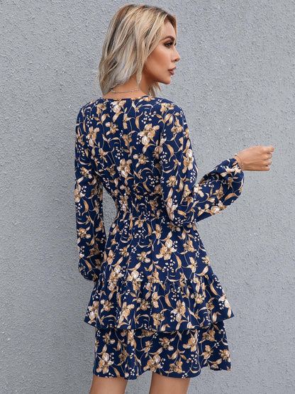 Floral Layered Surplice Balloon Sleeve Dress