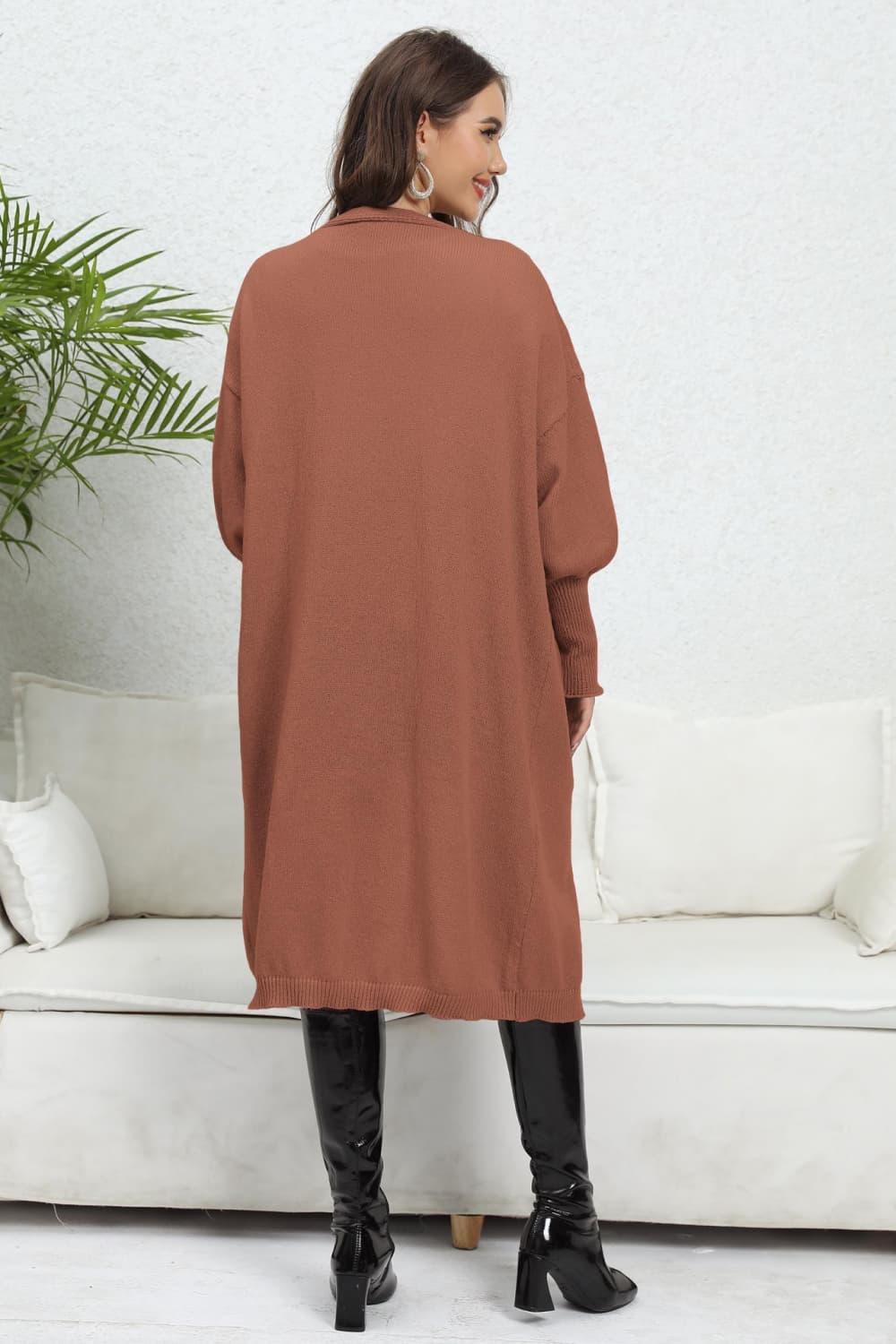 Lantern Sleeve Open Front Pocketed Cardigan