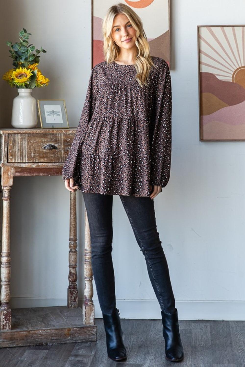 Heimish Leopard Long Sleeve Tiered Blouse