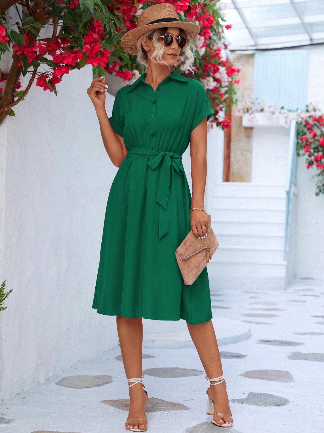 Buttoned Tie Waist Short Sleeve Dress