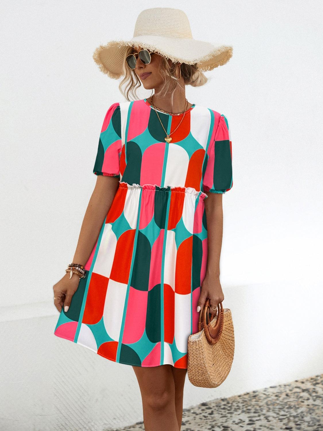 Geometric Frill Round Neck Short Sleeve Dress