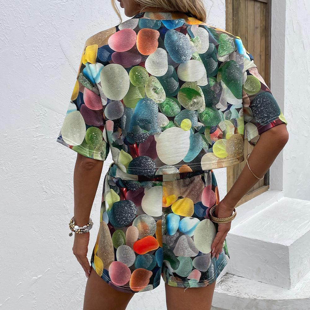 Printed Round Neck Dropped Shoulder Half Sleeve Top and Shorts Set