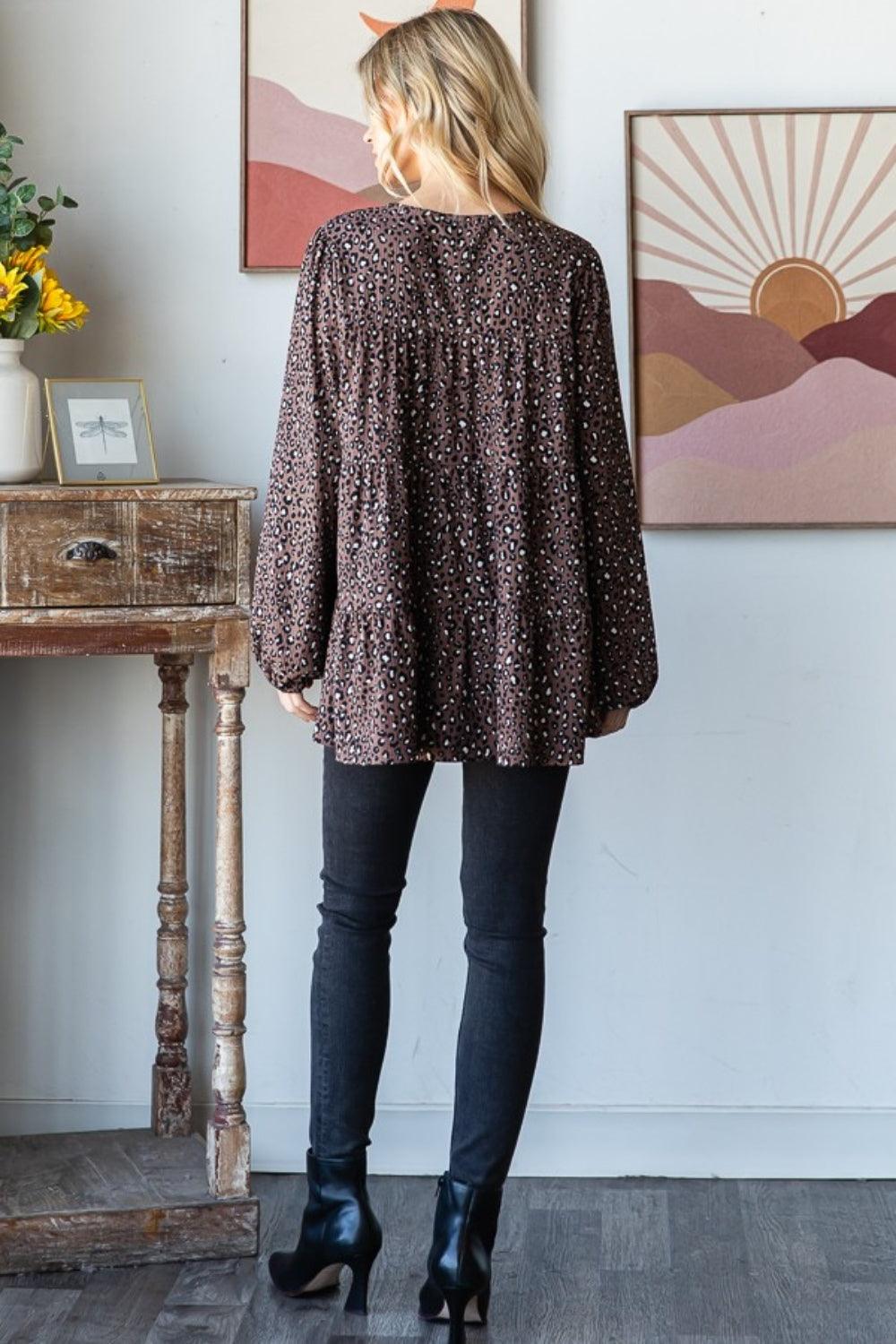 Heimish Leopard Long Sleeve Tiered Blouse