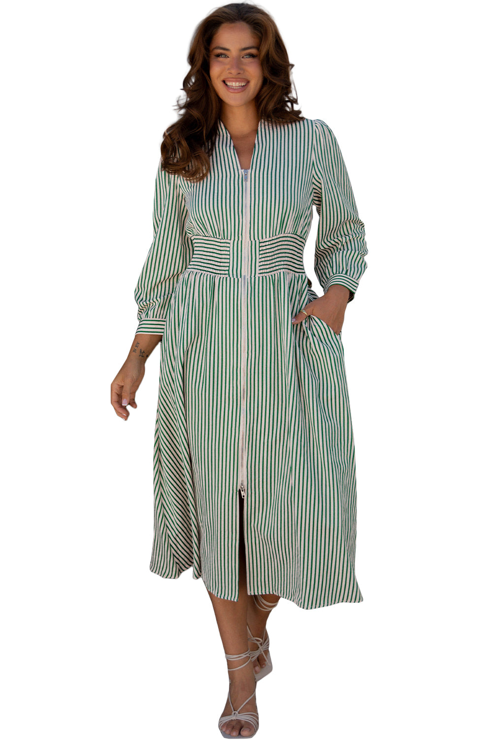 Green Stripe V Neck Zip Front Cinched High Waist Midi Dress