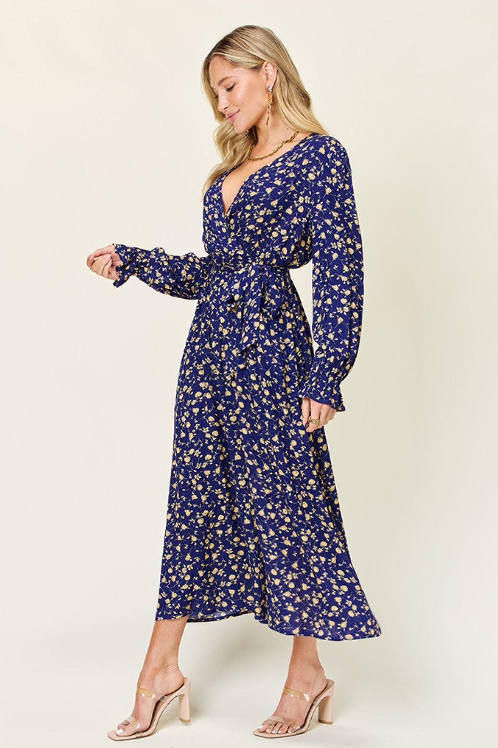 Double Take Full Size Tie Back Flounce Sleeve Dress