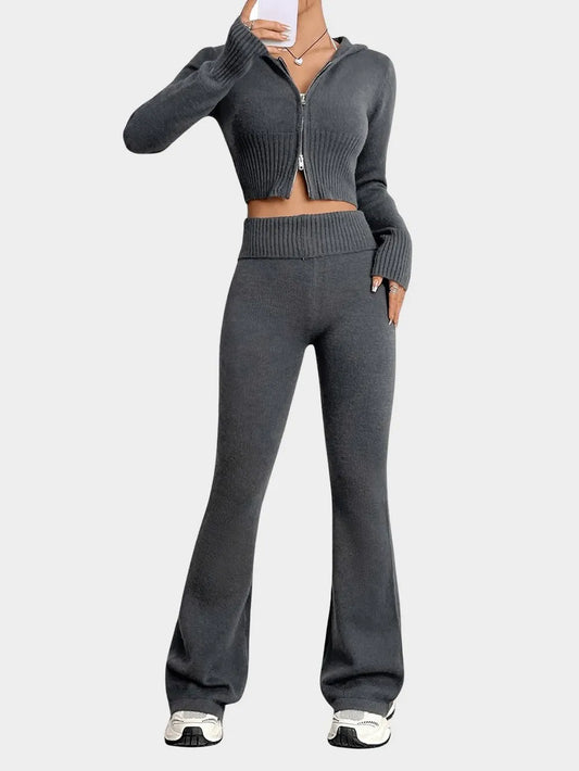 Zip Up Hooded Top and Flare Pants Sweater Set Carauana Store
